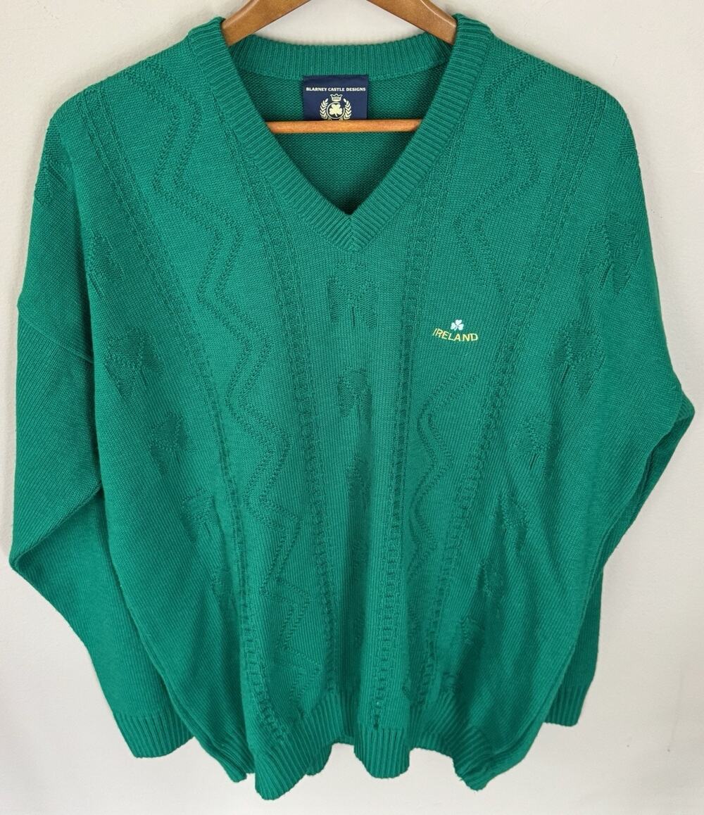 Blarney Castle Cable Knit Shamrock Mens XXL Green Ireland V Neck